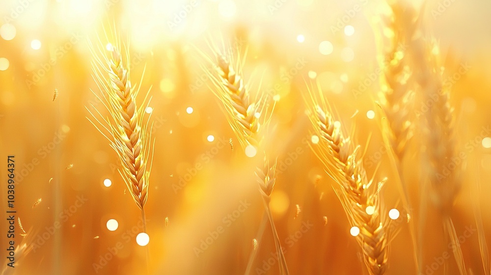 Close-up of wheat field with sun shining through wheat ears in background Close-up of wheat field with sun shining through wheat ears in background