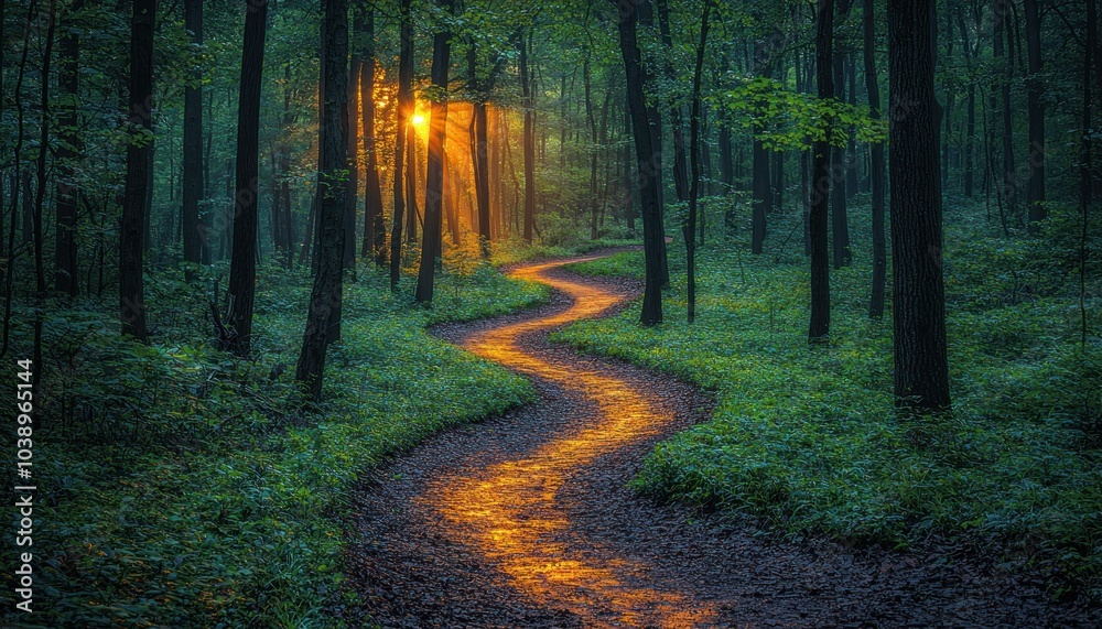 Obraz premium Sunlit Path Winding Through a Dense Forest