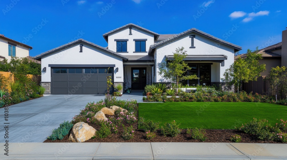 Modern Home with Green Grass and Landscaping Modern Home with Green Grass and Landscaping