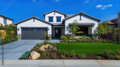 Modern Home with Green Grass and Landscaping