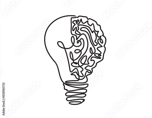 Single continuous line drawing of half light bulb and half human brain logo label. Smart power and psychological company icon label concept. Trendy one line draw graphic design vector illustration