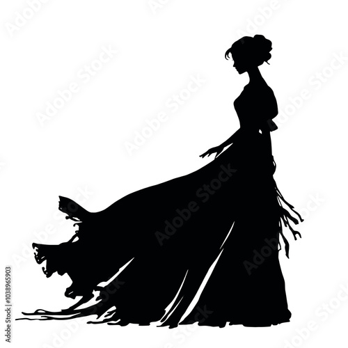 A silhouette of a woman wearing a long dress or gown with puffed sleeves isolated white background