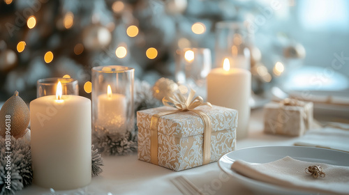 Cozy Christmas table setting with candles and gift box for a festive dinner