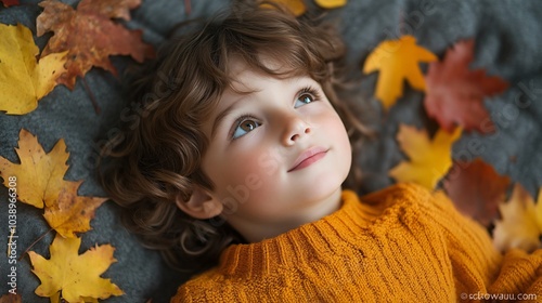 Portrait of a little boy in autumn leaves