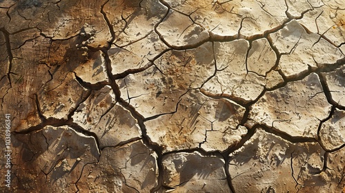 Drought stricken landscape parched earth with deep cracks under intense sunlight and shadows