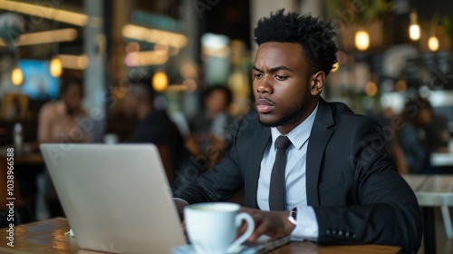 African American Businessman Working in Coffee Shop