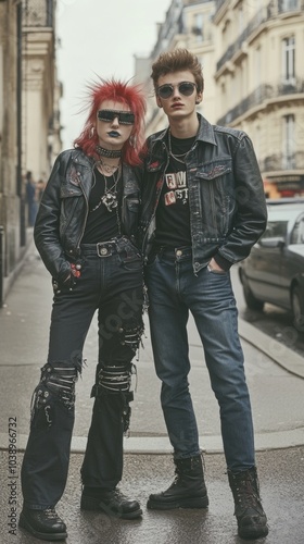 Standing in the middle of a city street next to each other is a couple of people.