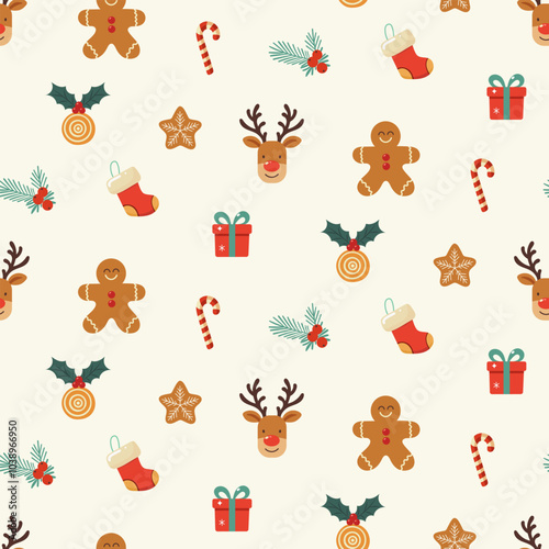 МоChristmas seamless pattern with deer, gingerbread man, sweets, snowflakes, gifts, Christmas tree on a light background. Festive background, textile, wallpaper, print design.