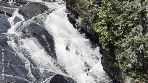 Rushing Mountain River with Cascading Waterfall and Lush Forest
