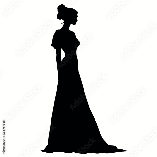 A silhouette of a woman wearing a long dress or gown with puffed sleeves isolated white background