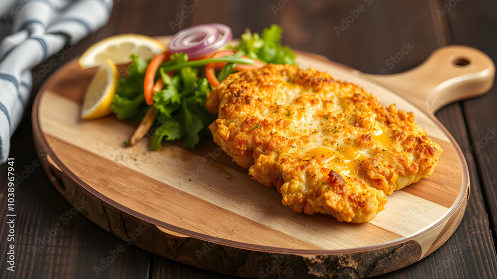 Golden chicken schnitzel on wood board. Generative AI Golden chicken schnitzel on wood board. Generative AI