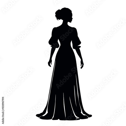 A silhouette of a woman wearing a long dress or gown with puffed sleeves isolated white background