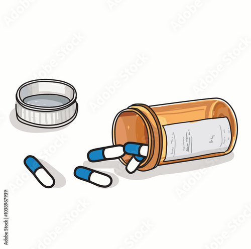 us pills container open with pills  illustration on white background