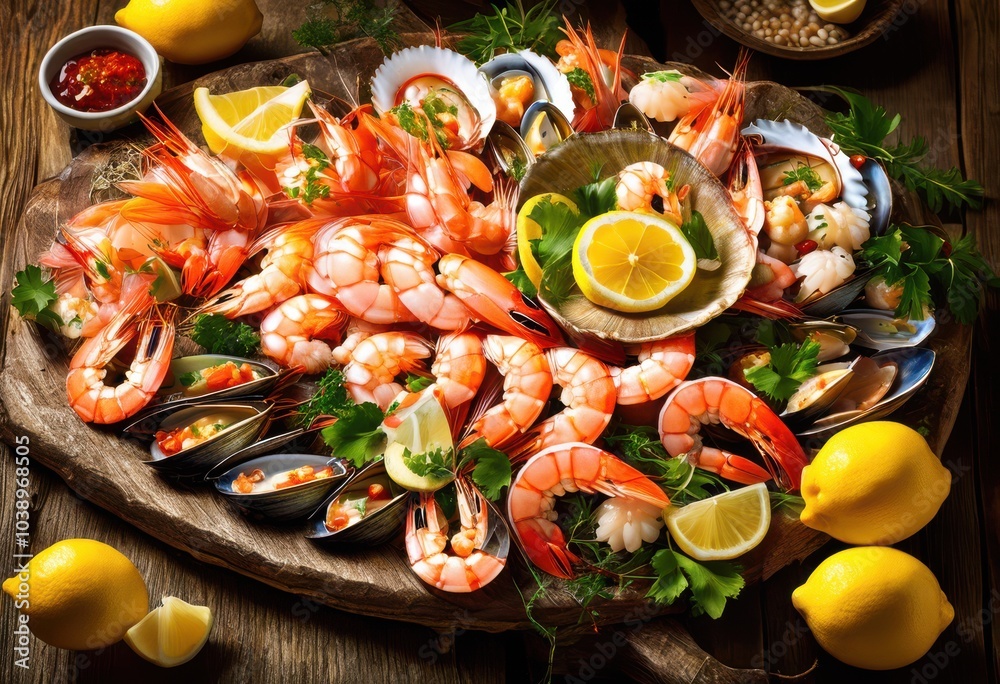 vibrant seafood platter featuring fresh ingredients artfully displayed culinary delight visual appeal, appetizer, shrimp, lobster, crab, oyster, salmon vibrant seafood platter featuring fresh ingredients artfully displayed culinary delight visual appeal, appetizer, shrimp, lobster, crab, oyster, salmon