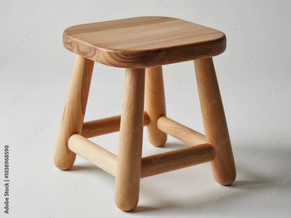 Solid wooden stool with a rounded seat and four sturdy legs, showcasing natural wood grain and minimalist craftsmanship, isolated on a white background Solid wooden stool with a rounded seat and four sturdy legs, showcasing natural wood grain and minimalist craftsmanship, isolated on a white background