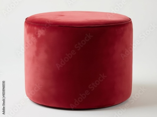 Red velvet cylindrical ottoman, luxury round stool with soft texture, modern minimalist furniture against a white background, home decor photo