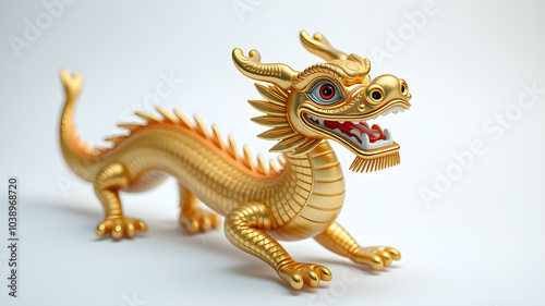 Horizontal left to right 3d Chinese a happy gold dragon with happy face on white background. generative AI