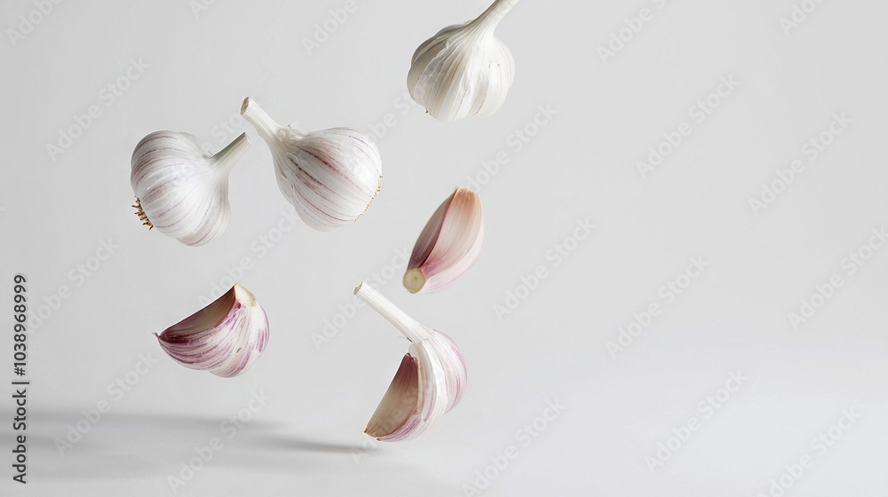 Aerial garlic toss by white string on pure white backdrop Aerial garlic toss by white string on pure white backdrop