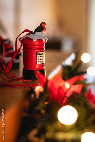 Festive Christmas Decoration of British Postbox on Fireplace on Christmas Day 01