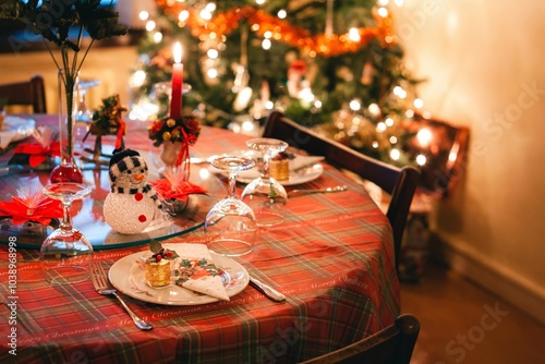 Festive Christmas Dining Table with decorations and cutlery on Christmas Morning 02 photo