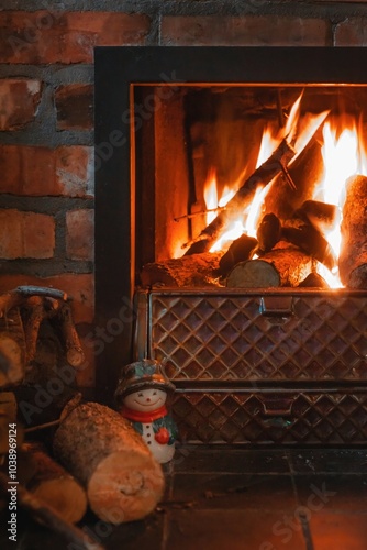 Festive Christmas Log Fire and Fireplace with Snowman Decoration 01