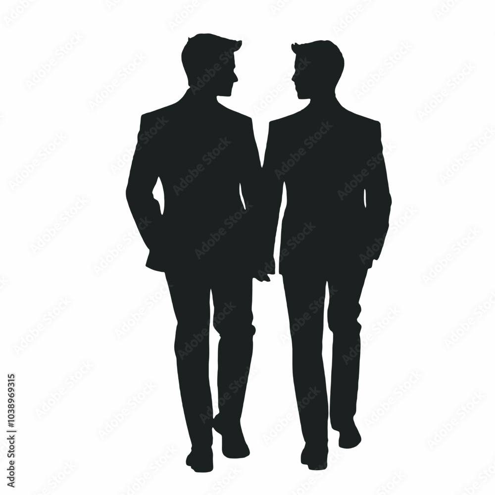 Two young men in suits walking together vector silhouette Two young men in suits walking together vector silhouette