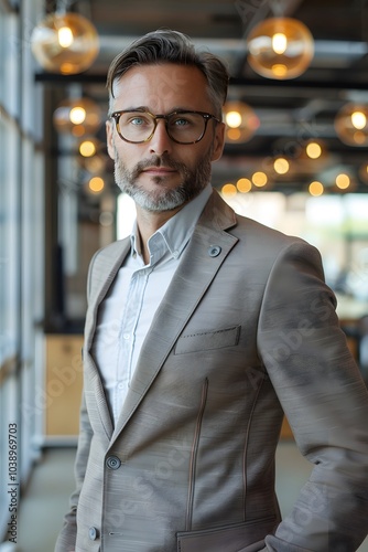 Confident businessman with glasses standing in office