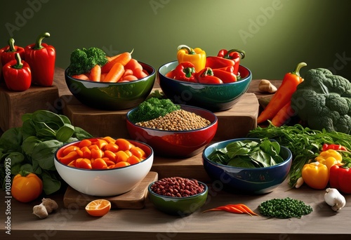 colorful variety fresh ingredients pet food displayed bowls emphasizing vibrancy quality, vibrant, vegetables, meat, grains, fruits, dry, wet, nourishment photo