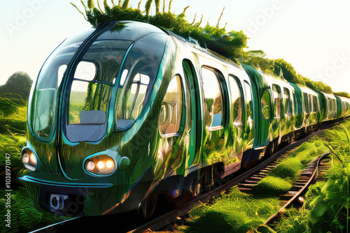 Biospheric train go above the city. Futuristic transport. photo