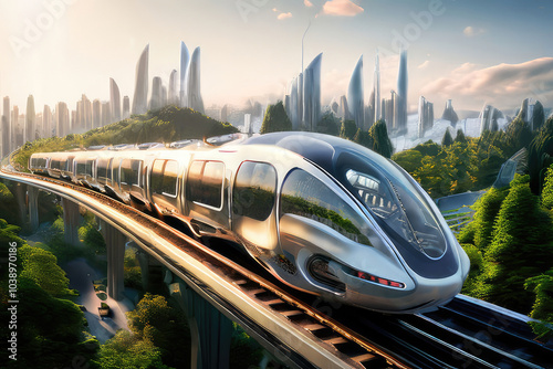 Biospheric train go above the city. Futuristic transport. photo