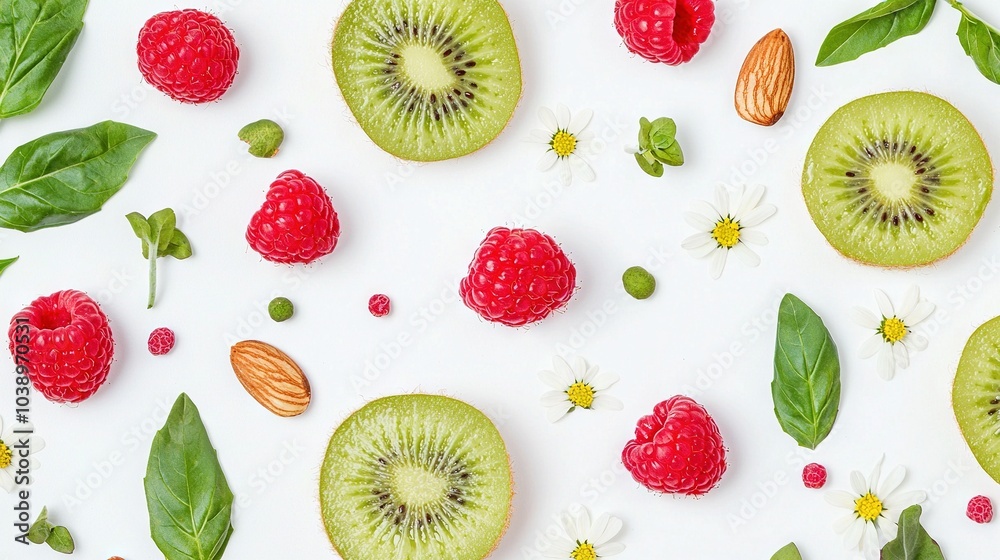Kiwis, raspberries, leaves, white surface, flowers, leaves Kiwis, raspberries, leaves, white surface, flowers, leaves