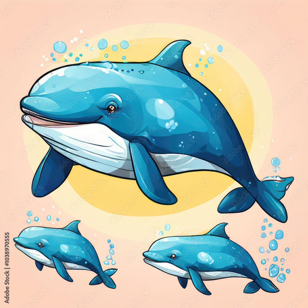 Obraz premium Sea whales illustration in cartoon style.