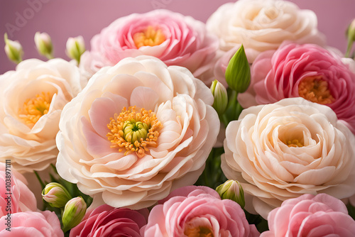 Persian rose ranunculus buttercup flower bouquet closeup view, Generated by ai