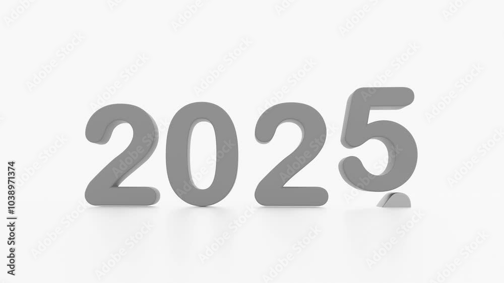 animation of 2025 new year, happy new year 2025, 3d illustration of 2025 grey 3d text turning year from 2021 to 2022. white background with empty space for tex animation of 2025 new year, happy new year 2025, 3d illustration of 2025 grey 3d text turning year from 2021 to 2022. white background with empty space for tex