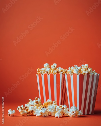 Freshly popped caramel popcorn in striped containers on a vibrant red background photo