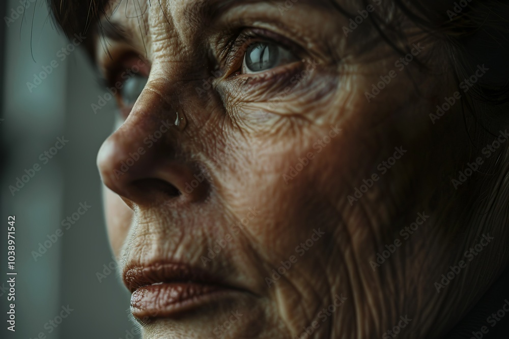 Obraz premium Close-up of a middle-aged woman's face with a single tear and dry skin,...