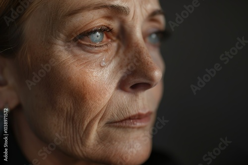 Close-up of a middle-aged woman's face with a single tear and dry skin,...