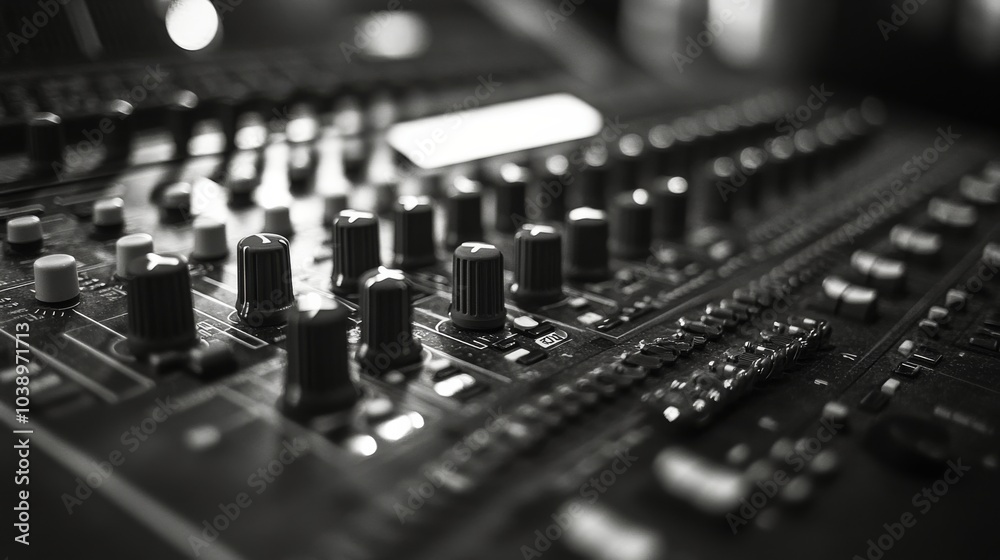 A close up view of an audio mixing console with various knobs and sliders in a studio setting A close up view of an audio mixing console with various knobs and sliders in a studio setting