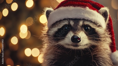 Raccoon wearing Santa hat. Christmas background