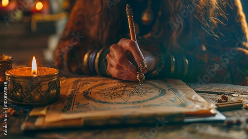 Close-up of a witch drawing a sigil on a piece of parchment during a... photo