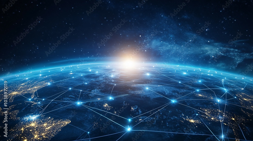 A digital network connecting cities and continents across the globe, illuminated against a starry night sky. A digital network connecting cities and continents across the globe, illuminated against a starry night sky.