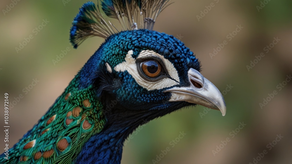 Obraz premium Close-up portrait of a male peacock's head, showcasing its vibrant blue feathers and iridescent eyes.