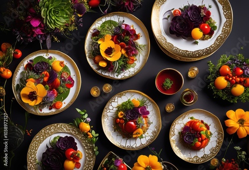 Wallpaper Mural close succulent dishes ornate plates showcasing array fresh ingredients vibrant presentation, appetizers, plating, gourmet, culinary, colorful, decorative Torontodigital.ca