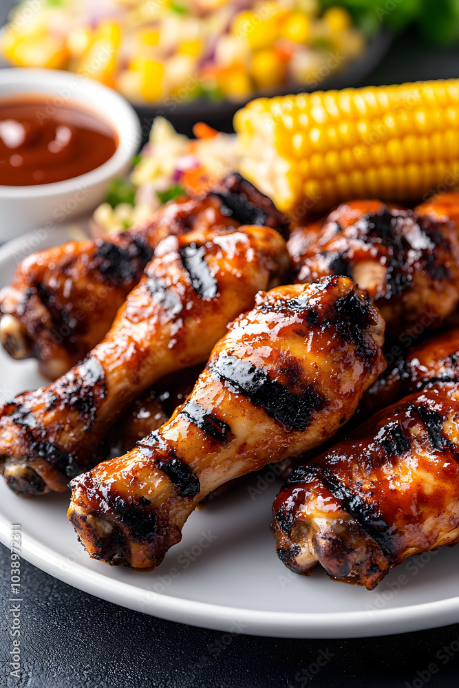Plate of Grilled Chicken Drumsticks: Deliciously Cooked, Perfect for Summer BBQs and Family Dinners. Plate of Grilled Chicken Drumsticks: Deliciously Cooked, Perfect for Summer BBQs and Family Dinners.