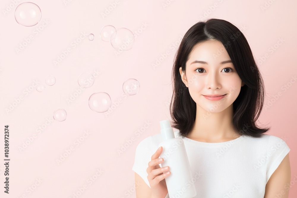 A young girl with dark hair happily holding a shampoo bottle surrounded by floating soap bubbles in a light setting A young girl with dark hair happily holding a shampoo bottle surrounded by floating soap bubbles in a light setting