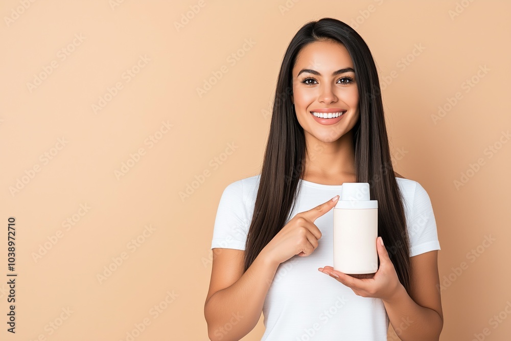 Young brunette woman smiles while pointing at a cosmetic bottle against a warm beige background Young brunette woman smiles while pointing at a cosmetic bottle against a warm beige background
