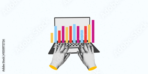 Laptop with business growth chart on screen and halftone hands typing, art collage. Finance analysis concept, market strategy. Vector illustration on dotted background