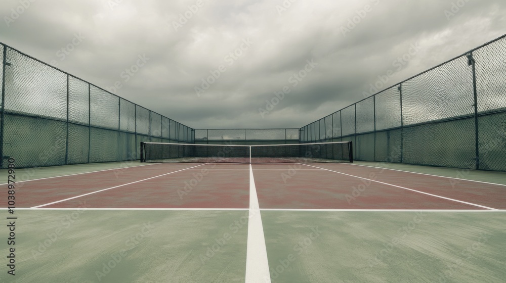 Fototapeta premium A tennis court's doubles alley with focus on the painted lines and court texture, outdoor setting with overcast sky, Subdued style