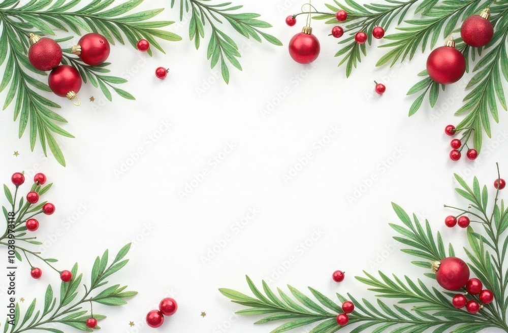 Christmas card banner, decoration background frame with space for text, green branches and red ornaments Christmas card banner, decoration background frame with space for text, green branches and red ornaments