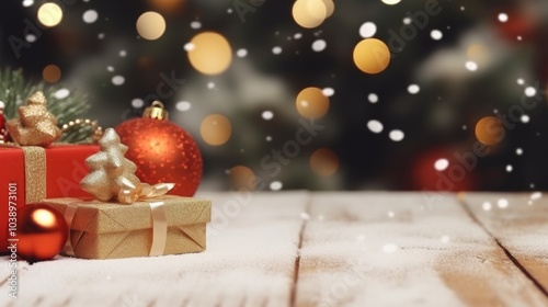 New Year background and studio with all toys, gifts and Christmas tree, candles, no people, space for text.